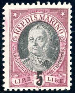 1927 - 5 lire su 2 lire Onofri, nove puntini ... 