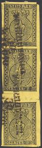 1852 - 5 cent. giallo (1), striscia ... 