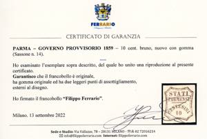 1859 - 10 cent. bruno (14), gomma ... 