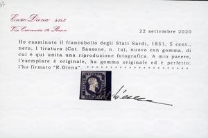 1851 - 5 cent. nero (1), gomma ... 