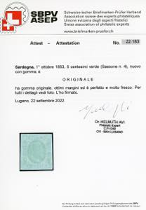 1853 - 5 cent. verde (4), perfetto ... 