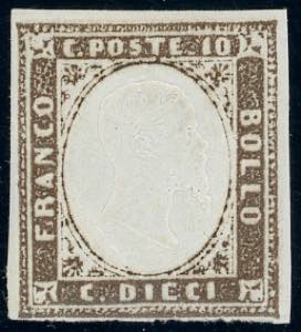 1858 - 10 cent. terra dombra (14), gomma ... 