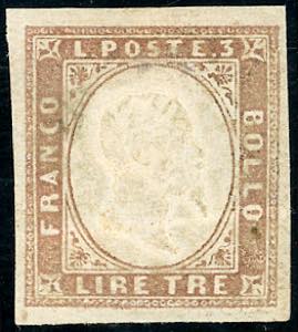 1861 - 3 lire rame, carta spessa (18), gomma ... 