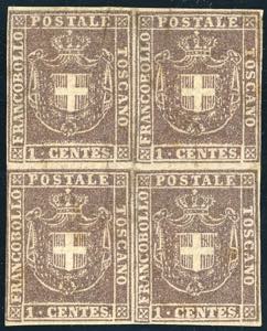 1860 - 1 cent. bruno lilla (17b), blocco di ... 