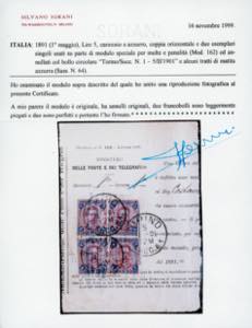 1901 - 5 lire carminio e azzurro ... 