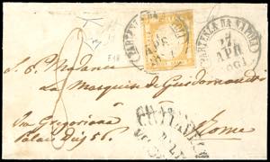 1861 - 10 grana giallo ocra, falso per posta ... 