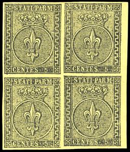 1852 - 5 cent. giallo arancio (1), blocco di ... 
