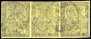 1852 - 5 cent. giallo arancio (1), striscia ... 