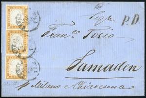 1863 - 10 cent. arancio ocra (14De), tre ... 