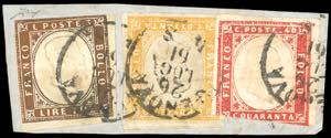 1861 - 3 lire rame scuro, 40 cent. carminio, ... 