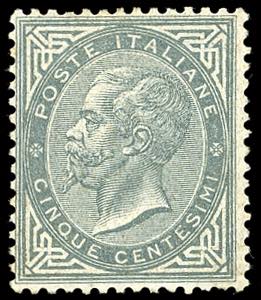 1863 - 5 cent. grigio verde, De la Rue, ... 
