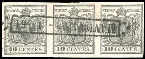 1850 - 10 cent. nero (2), striscia ... 
