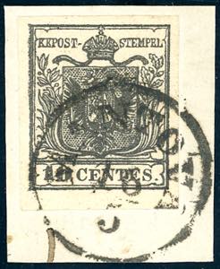 1850 - 10 cent. nero intenso, carta a mano ... 