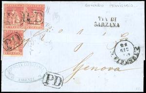 1859 - 1 crazia carminio (12), striscia di ... 
