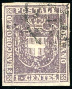 1860 - 1 cent. violetto bruno (17), usato, ... 