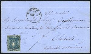 1861 - 20 cent. azzurro, linea di riquadro ... 