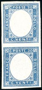 1861 - 20 cent. azzurro, coppia verticale, ... 