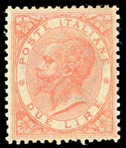 1863 - 2 lire scarlatto chiaro, De la Rue, ... 