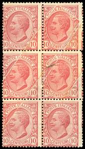 1906 - 10 cent. Leoni, blocco di sei, cinque ... 