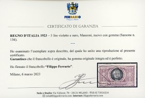 1923 - 5 lire Manzoni (156), gomma ... 