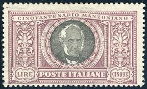 1923 - 5 lire Manzoni (156), gomma originale ... 