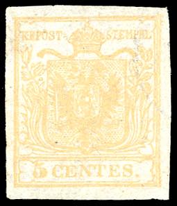1850 - 5 cent. giallo ocra (1), gomma ... 