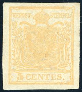 1850 - 5 cent. giallo arancio chiaro (1f), ... 