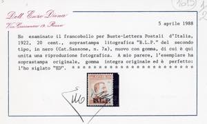 1922 - 20 cent., soprastampa BLP ... 