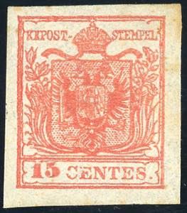 1852 - 15 cent. rosso vivo, III tipo, carta ... 