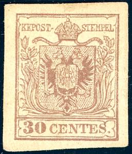 1853 - 30 cent. bruno scuro, II tipo, carta ... 