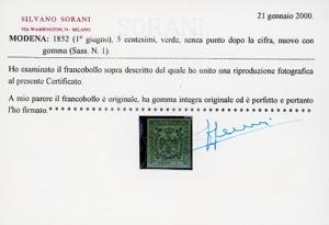 1852 - 5 cent. verde, senza punto ... 