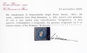 1851 - 20 cent. azzurro vivo (2d), ... 