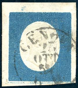 1854 - 20 cent. azzurro chiaro, linea di ... 