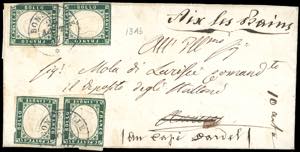 1857 - 5 cent. verde mirto scuro (13Ab), due ... 