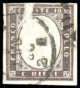 1860 - 10 cent. bruno nerastro, ampia falla ... 