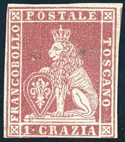 1851 - 1 crazia carminio su grigio (4d), tre ... 