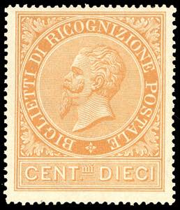 1874 - 10 cent. ocra arancio (1), gomma ... 