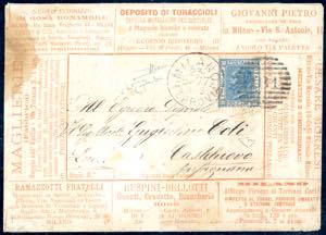 1877 - 20 cent. azzurro (T26), su busta ... 