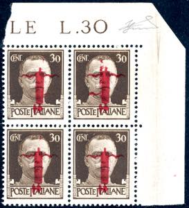 1944 - 30 cent. blocco di quattro angolo di ... 