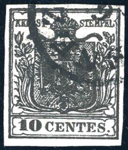1850 - 10 cent. nero carbone, carta a mano ... 