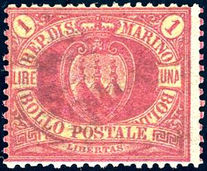 1892 - 1 lira carminio su giallo ... 