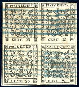 1852 - 25 cent. camoscio chiaro (4), blocco ... 