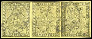 1852 - 5 cent. giallo arancio (1), striscia ... 
