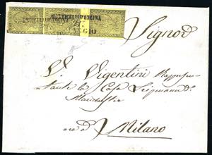 1858 - 5 cent. giallo, striscia ... 