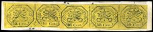 1867 - 40 cent. giallo, striscia di tre e ... 