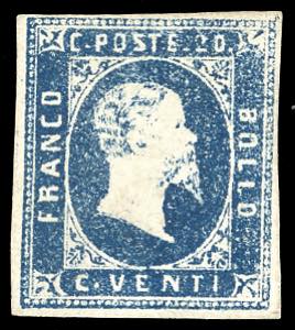 1851 - 20 cent. azzurro scuro, stampa secca ... 