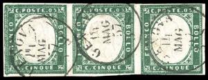 1857 - 5 cent. verde scuro (13Ac), striscia ... 
