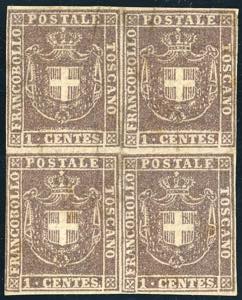 1860 - 1 cent. bruno lilla (17b), blocco di ... 