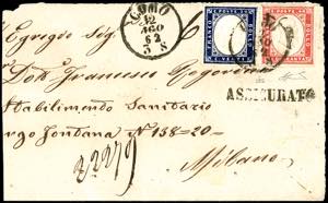 1862 - 20 cent. indaco (2), in affrancatura ... 