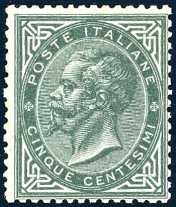 1866 - 5 cent. grigio verde, De la Rue, ... 